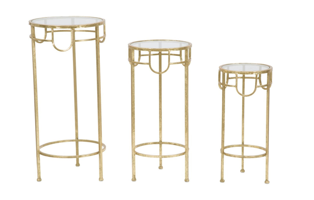 Glam sideborde i guldfarve, metal og glas, styks – 33x70 og 28x60 og 23x50 cm