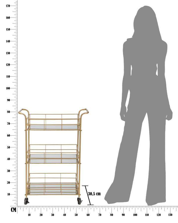 Glam rullevogn i guldfarve, jern og glas – 60x30x5 cm