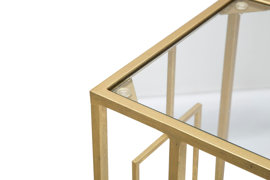 Glam bord i guldfarve, jern og glas – 40x5x25 og 5x60 cm