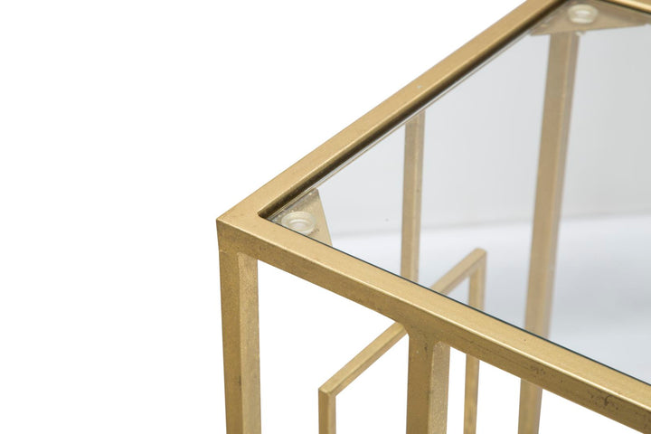 Glam bord i guldfarve, jern og glas – 40x5x25 og 5x60 cm