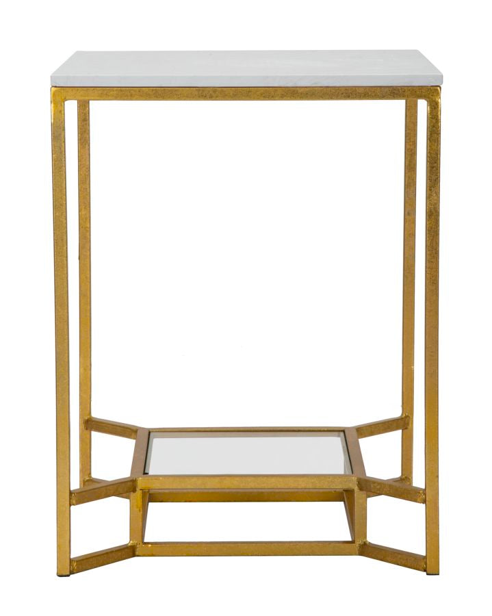 Glam bord i jern, glas og kunstig marmor – 47x47x60 cm