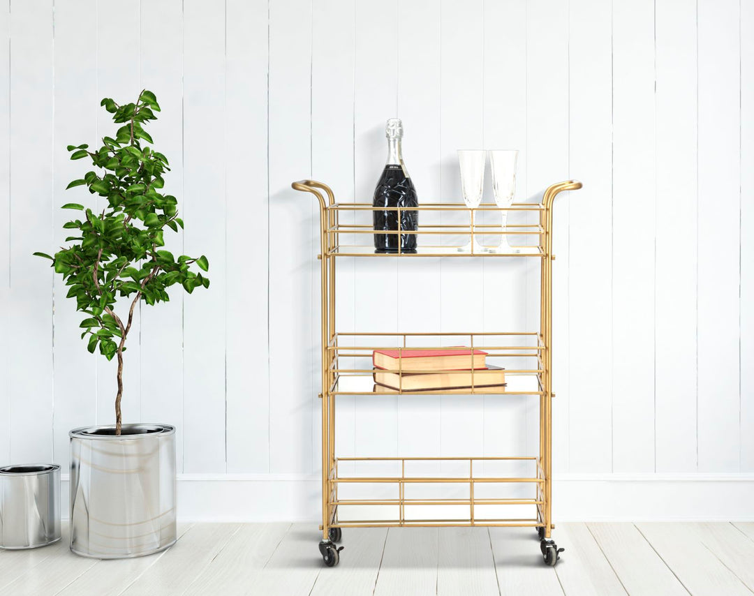Glam rullevogn i guldfarve, jern og glas – 60x30x5 cm