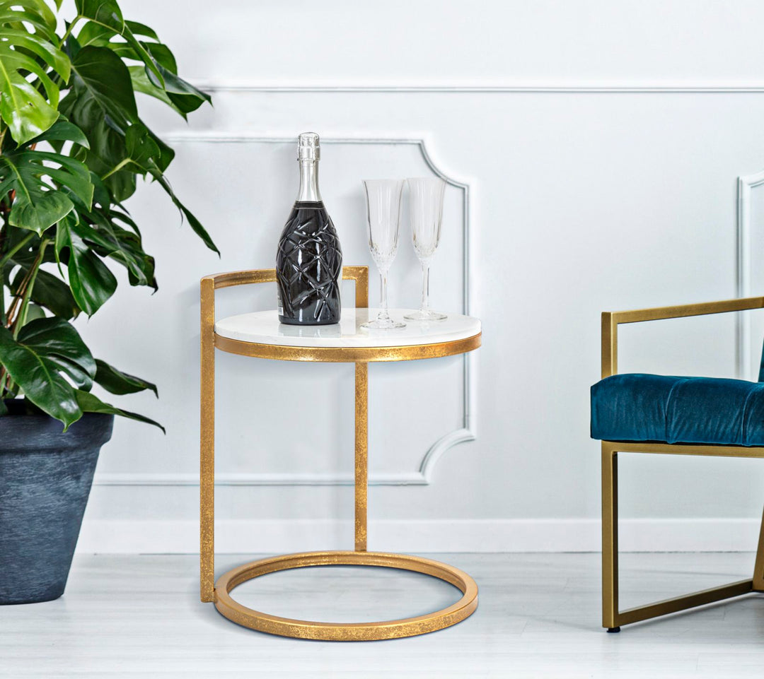 Glam bord i guldfarve, metal og kunstig marmor – 40x43x50 cm