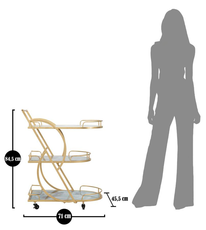Glam rullevogn med guldfarve i jern, mdf og glas – 71x45x5 84x5 cm