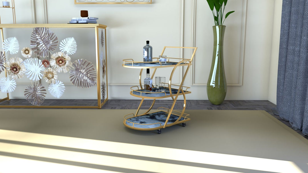 Glam rullevogn med guldfarve i jern, mdf og glas – 71x45x5 84x5 cm