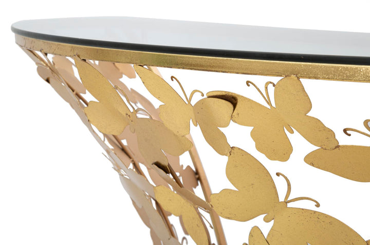 Glam konsolbord i jern og glas, guldfarvet – 120x40x5 37x2 cm