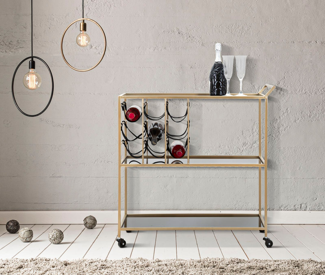 Glam rullevogn med guldfarve, metal, glas og pu – 79x39x5 cm