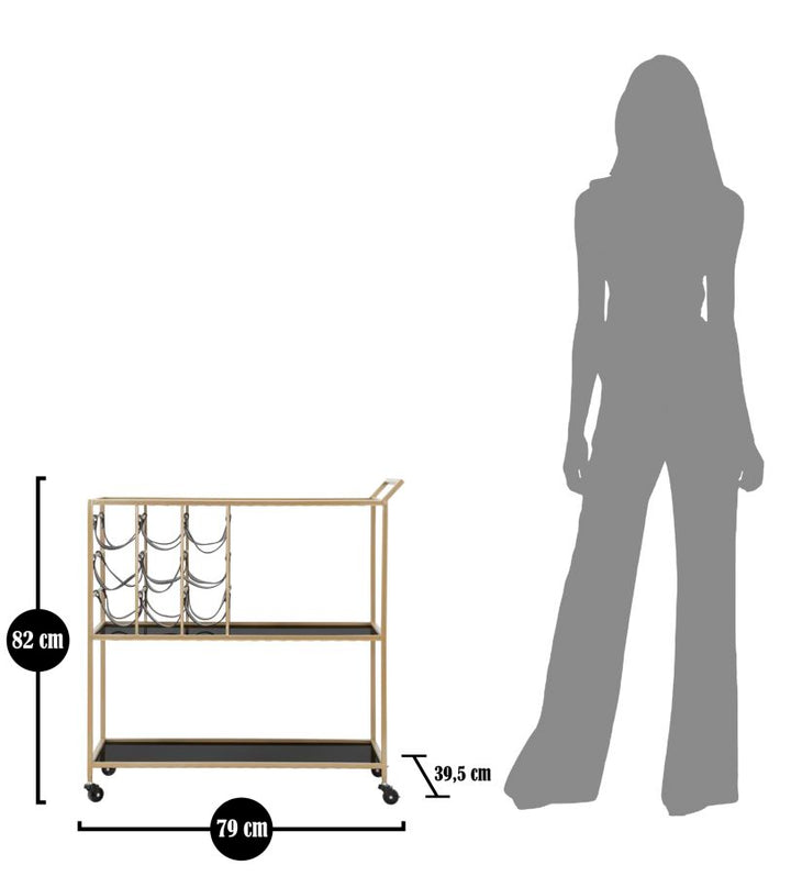 Glam rullevogn med guldfarve, metal, glas og pu – 79x39x5 cm