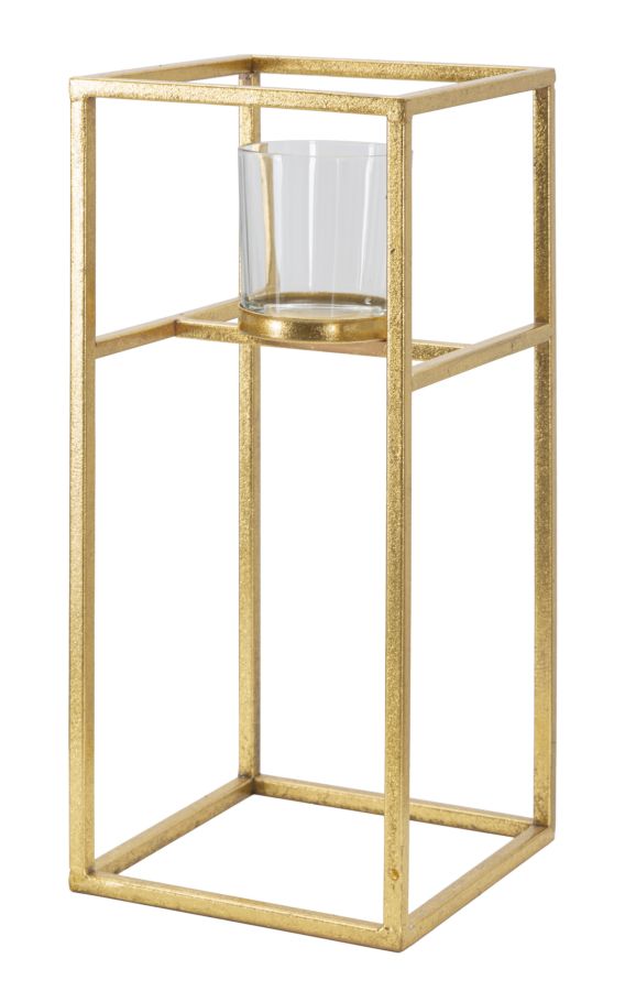 Glam lysestage i guldfarve, jern og glas – 15x15x35 cm
