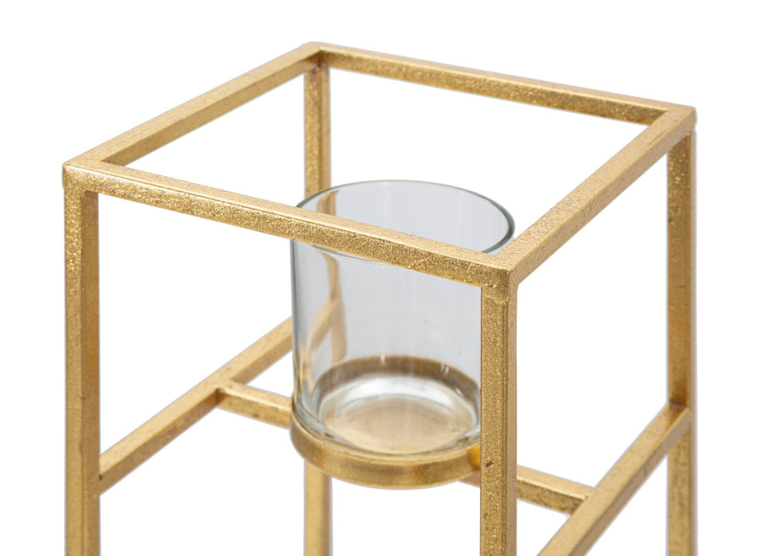 Glam lysestage i guldfarve, jern og glas – 15x15x35 cm