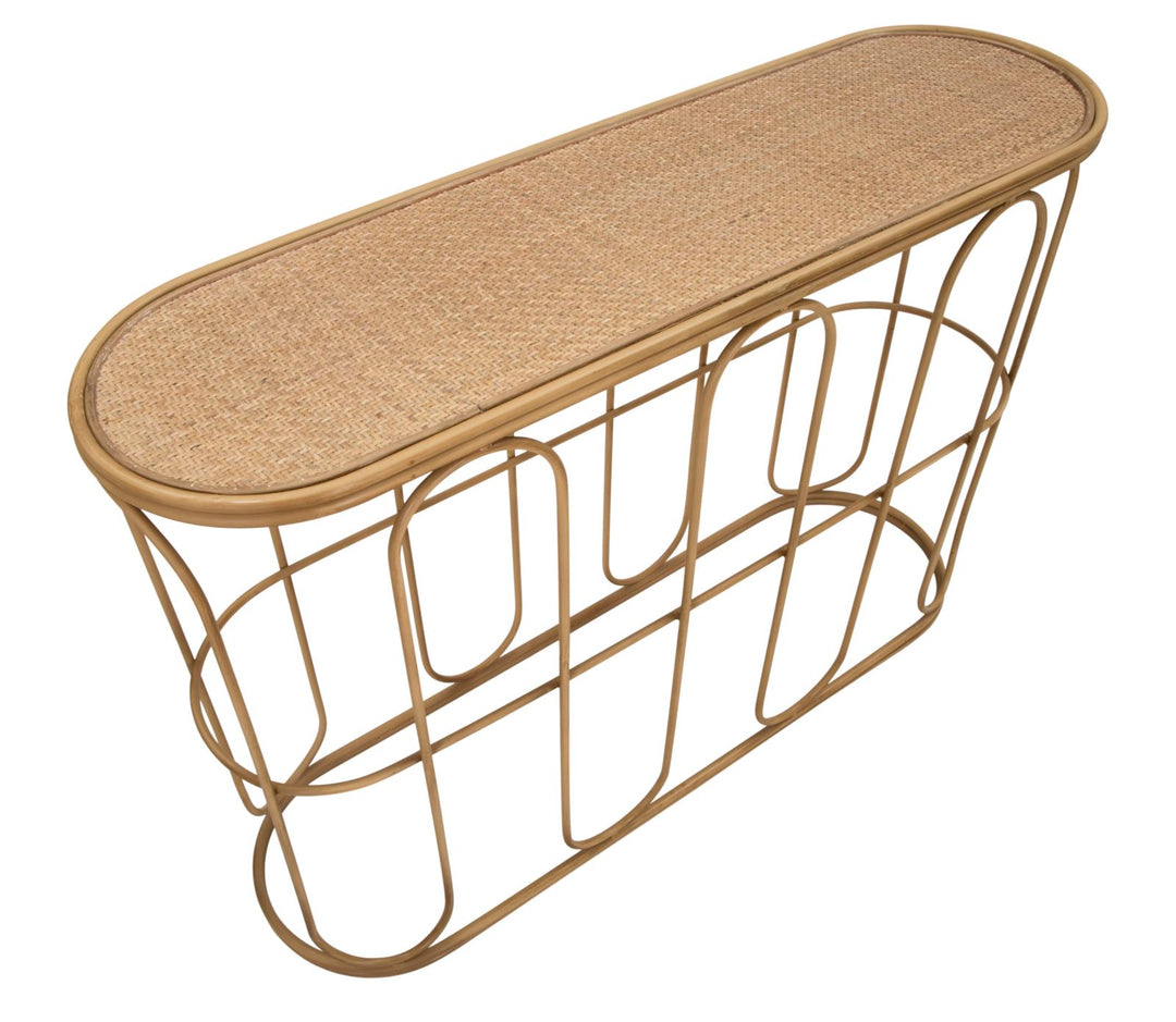 Boho chic konsolbord i jern og rattan – 110x32x77 cm