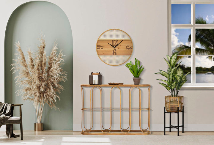 Boho chic konsolbord i jern og rattan – 110x32x77 cm