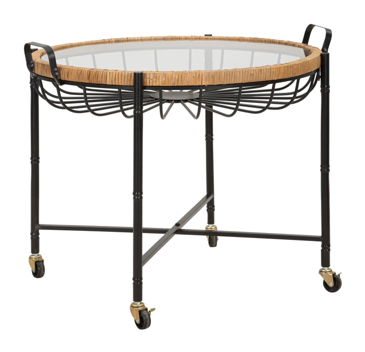 Boho chic bord i jern, glas og rattan – 70x5x65 cm