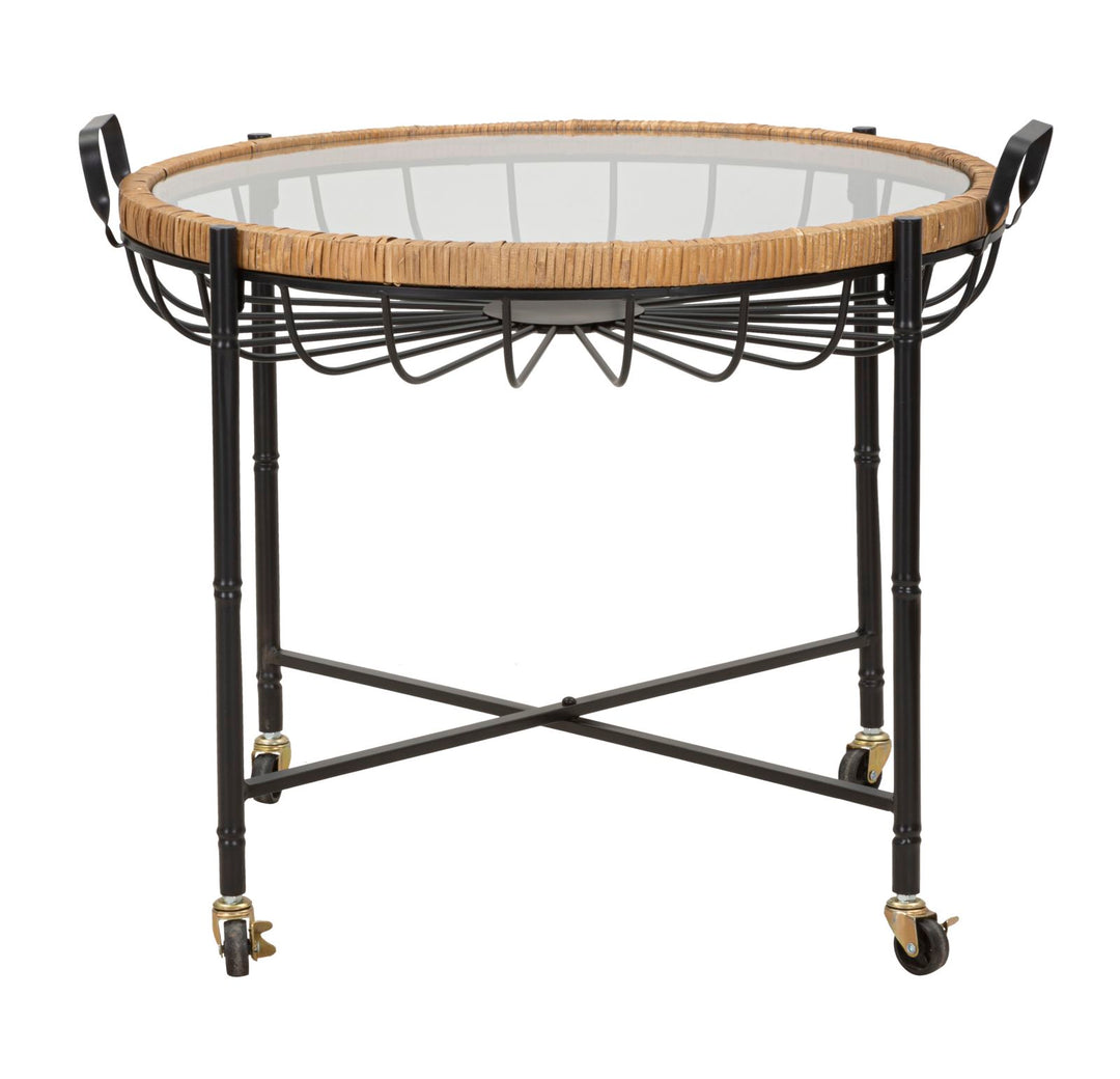 Boho chic bord i jern, glas og rattan – 70x5x65 cm