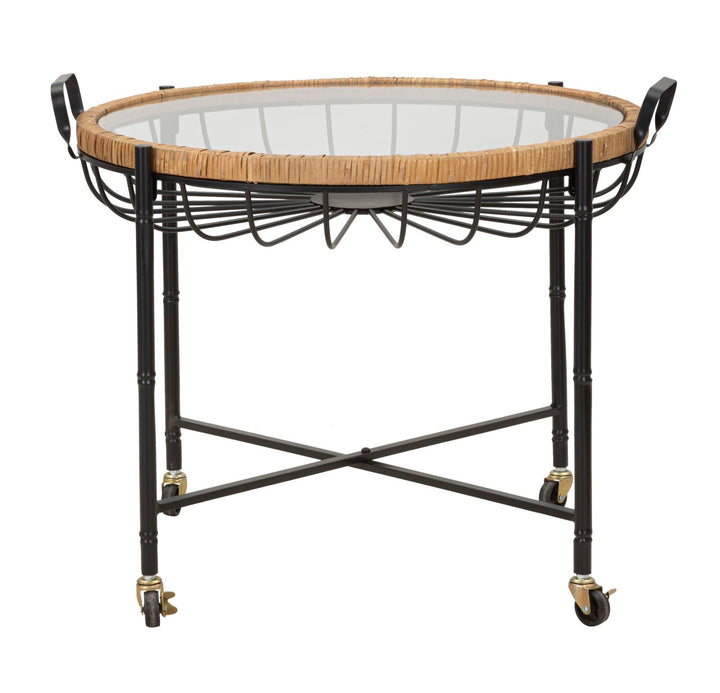 Boho chic bord i jern, glas og rattan – 70x5x65 cm