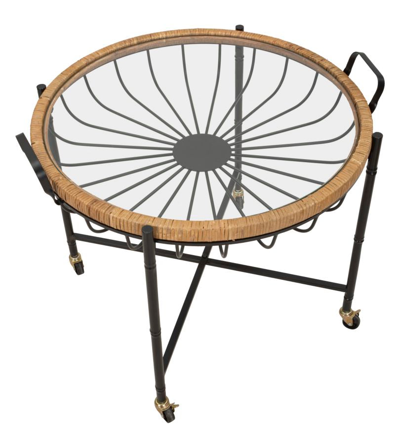 Boho chic bord i jern, glas og rattan – 70x5x65 cm