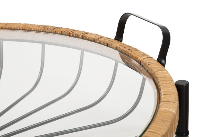 Boho chic bord i jern, glas og rattan – 70x5x65 cm