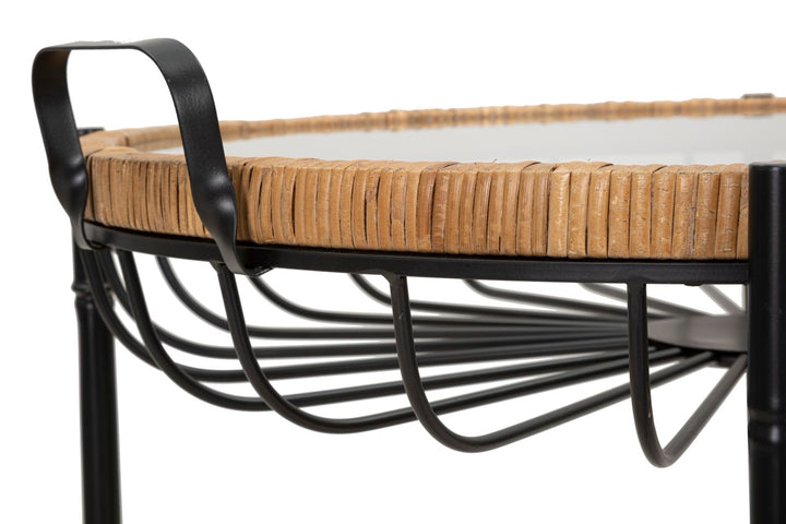 Boho chic bord i jern, glas og rattan – 70x5x65 cm