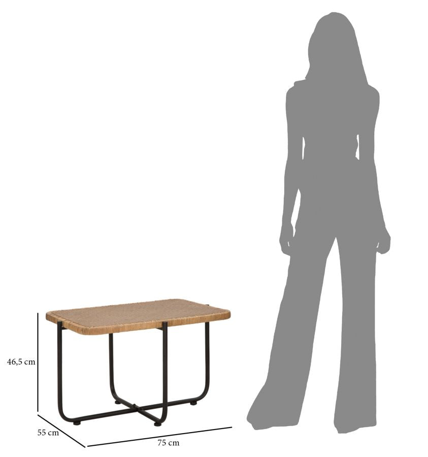 Boho chic bord i jern og rattan – 75x55x46 cm