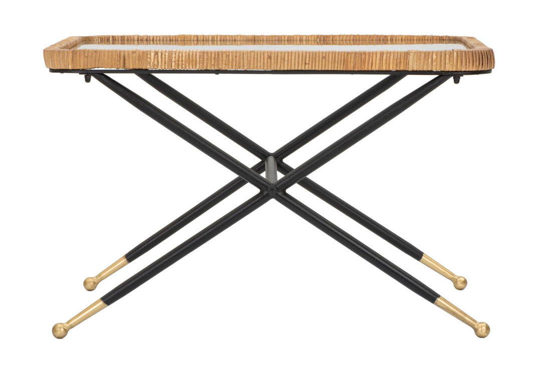 Boho chic bord af jern, glas og rattan – 70x50x45 cm