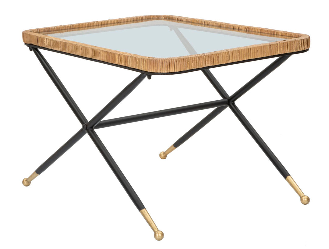 Boho chic bord af jern, glas og rattan – 70x50x45 cm