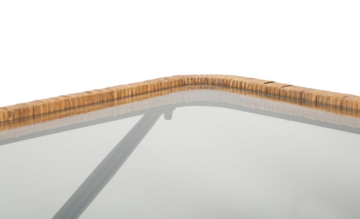 Boho chic bord af jern, glas og rattan – 70x50x45 cm