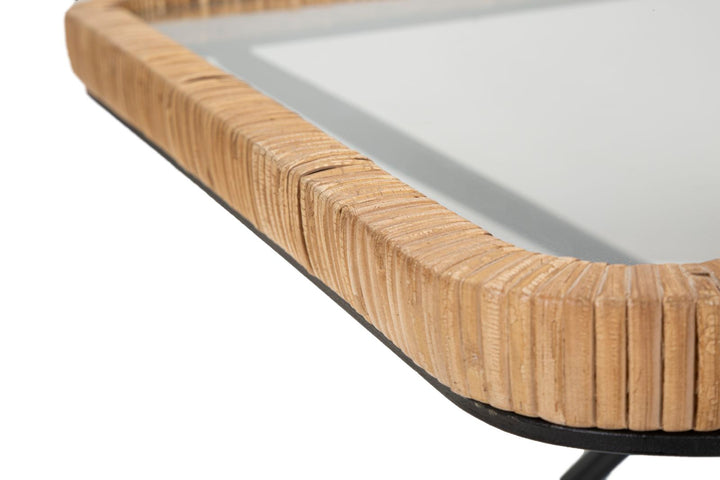 Boho chic bord af jern, glas og rattan – 70x50x45 cm