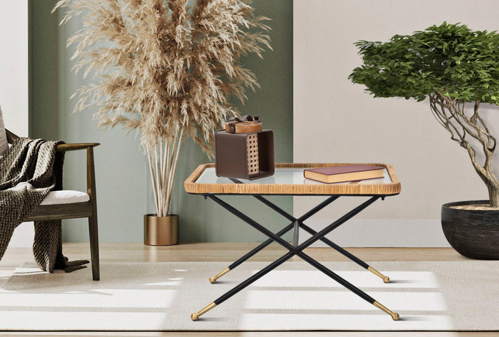 Boho chic bord af jern, glas og rattan – 70x50x45 cm