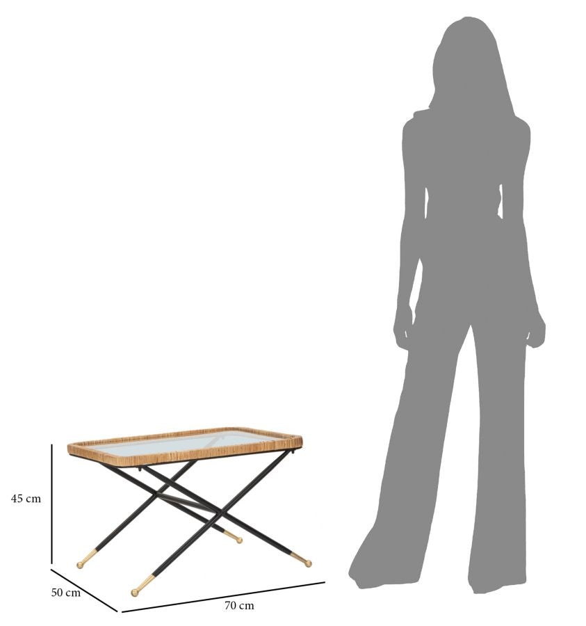 Boho chic bord af jern, glas og rattan – 70x50x45 cm