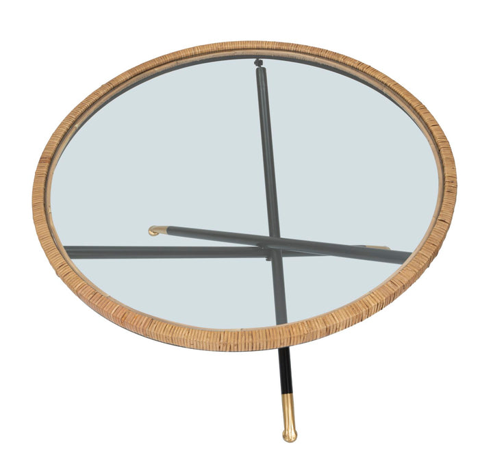 Boho chic sofabord i jern, glas og rattan – 80x46x5 cm