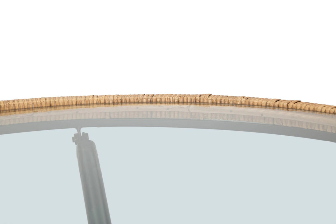 Boho chic sofabord i jern, glas og rattan – 80x46x5 cm