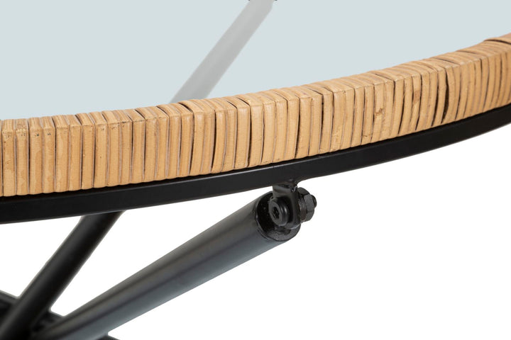 Boho chic sofabord i jern, glas og rattan – 80x46x5 cm