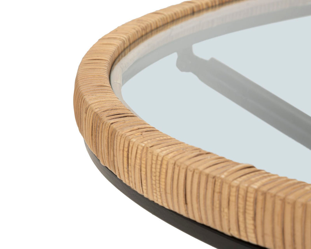 Boho chic sofabord i jern, glas og rattan – 80x46x5 cm