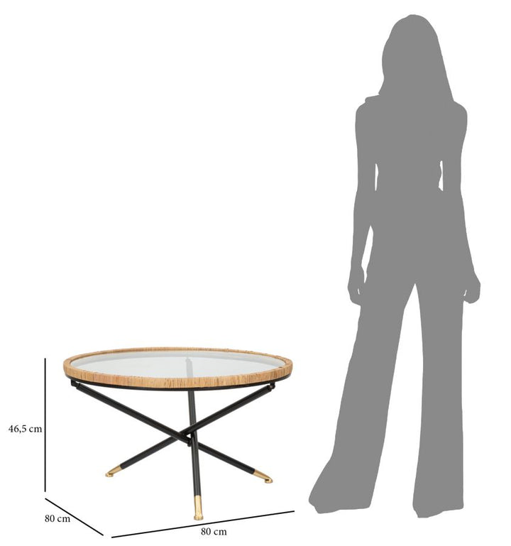 Boho chic sofabord i jern, glas og rattan – 80x46x5 cm