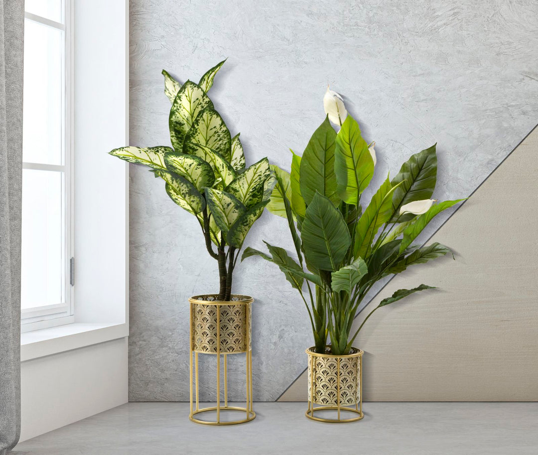 Glam vaser i guldfarve, metal, 21x40 og 19x22 cm