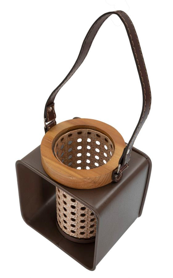 Boho chic lanterner i træ, jern og pu – 16x13x20 cm