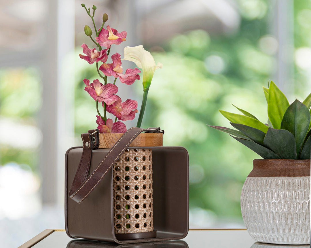 Boho chic lanterner i træ, jern og pu – 16x13x20 cm