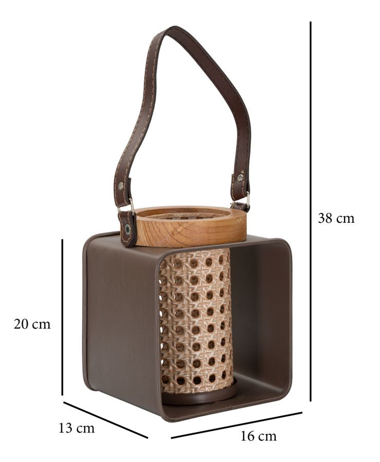 Boho chic lanterner i træ, jern og pu – 16x13x20 cm