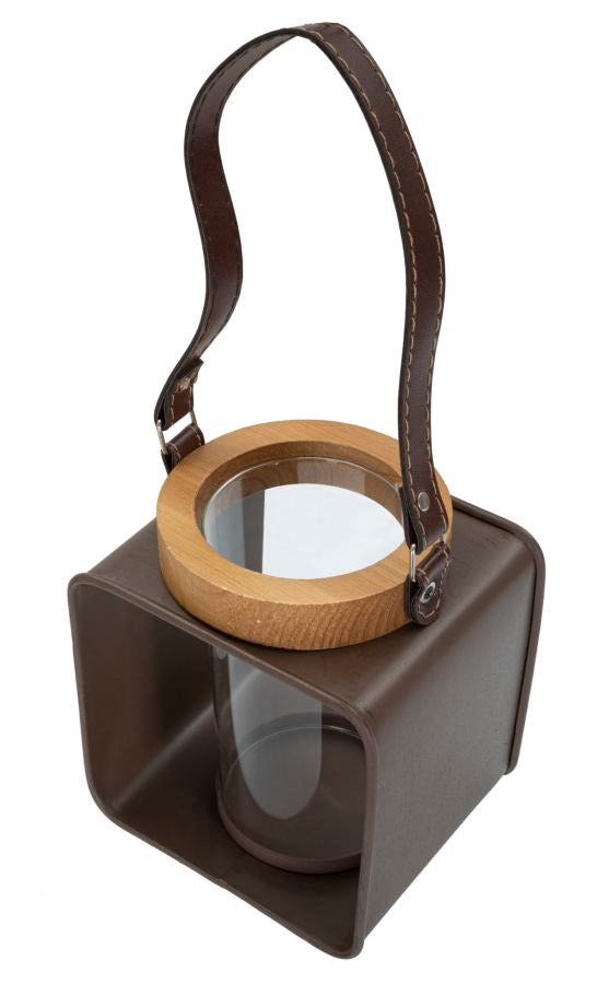 Boho chic lanterne i træ, metal og glas – 16x13x18 cm