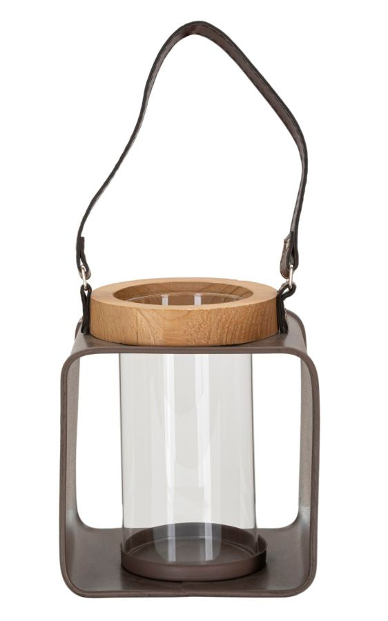 Boho chic lanterne i træ, metal og glas – 16x13x18 cm