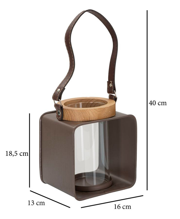 Boho chic lanterne i træ, metal og glas – 16x13x18 cm