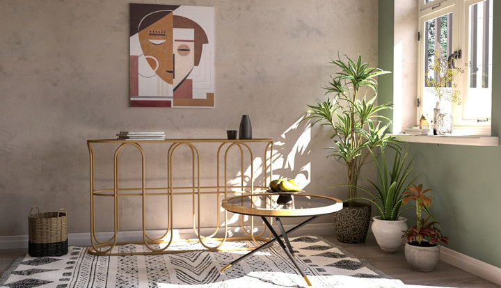 Boho chic konsolbord i jern og rattan – 110x32x77 cm