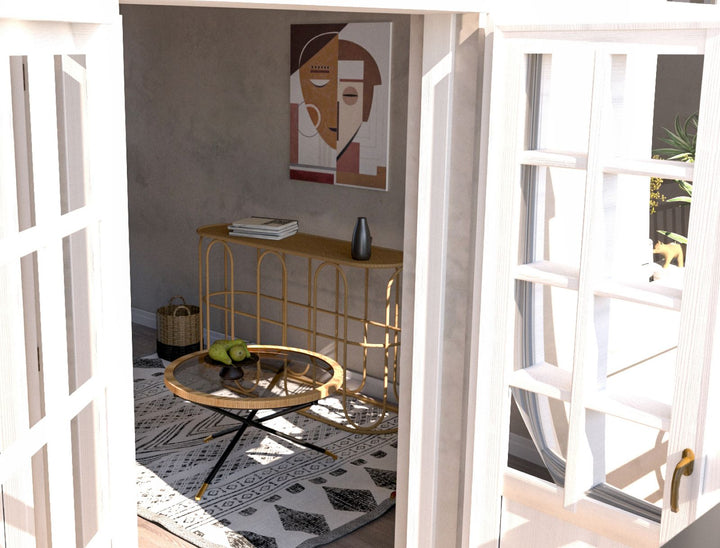 Boho chic sofabord i jern, glas og rattan – 80x46x5 cm