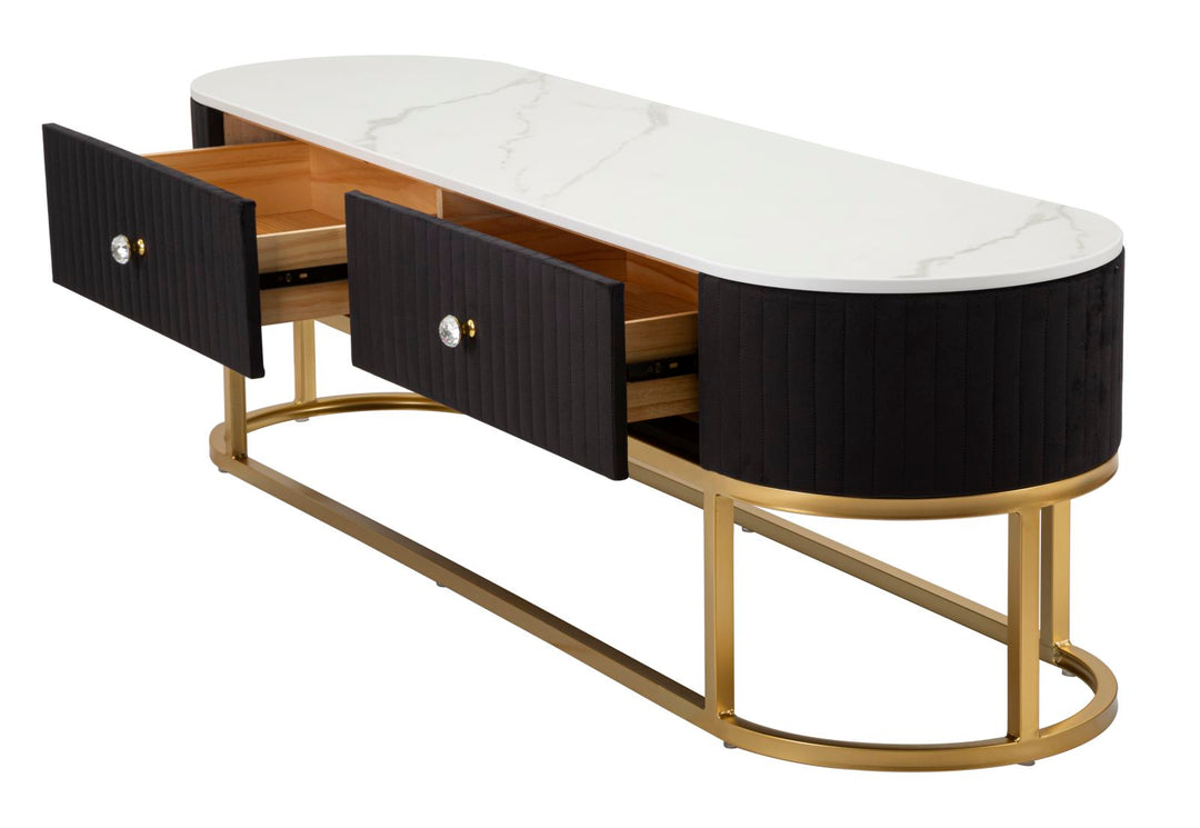 Glam tv-møbel / tv-bord i metal, træ, stof – 150x42x45 cm