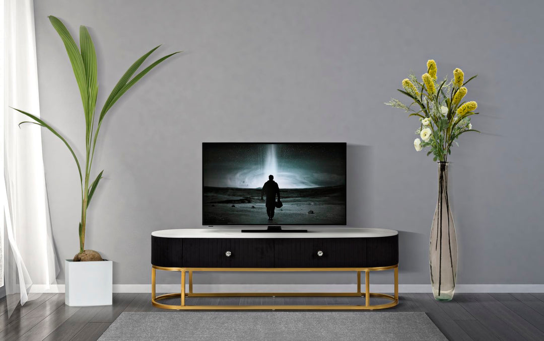 Glam tv-møbel / tv-bord i metal, træ, stof – 150x42x45 cm