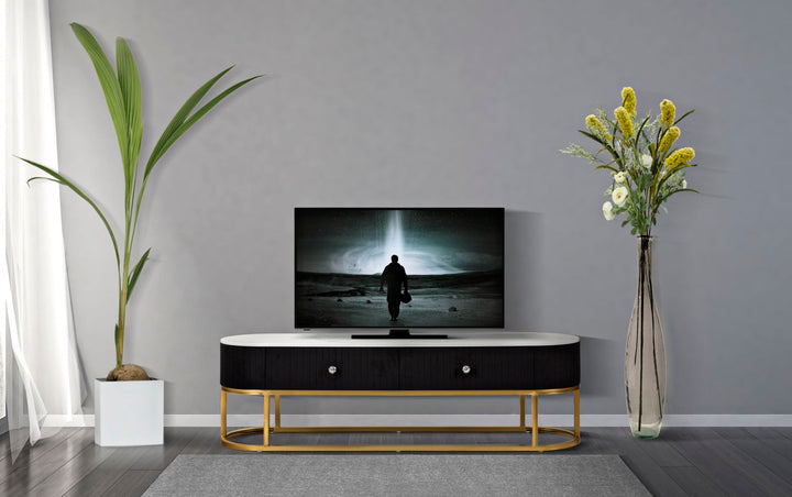 Glam tv-møbel / tv-bord i metal, træ, stof – 150x42x45 cm