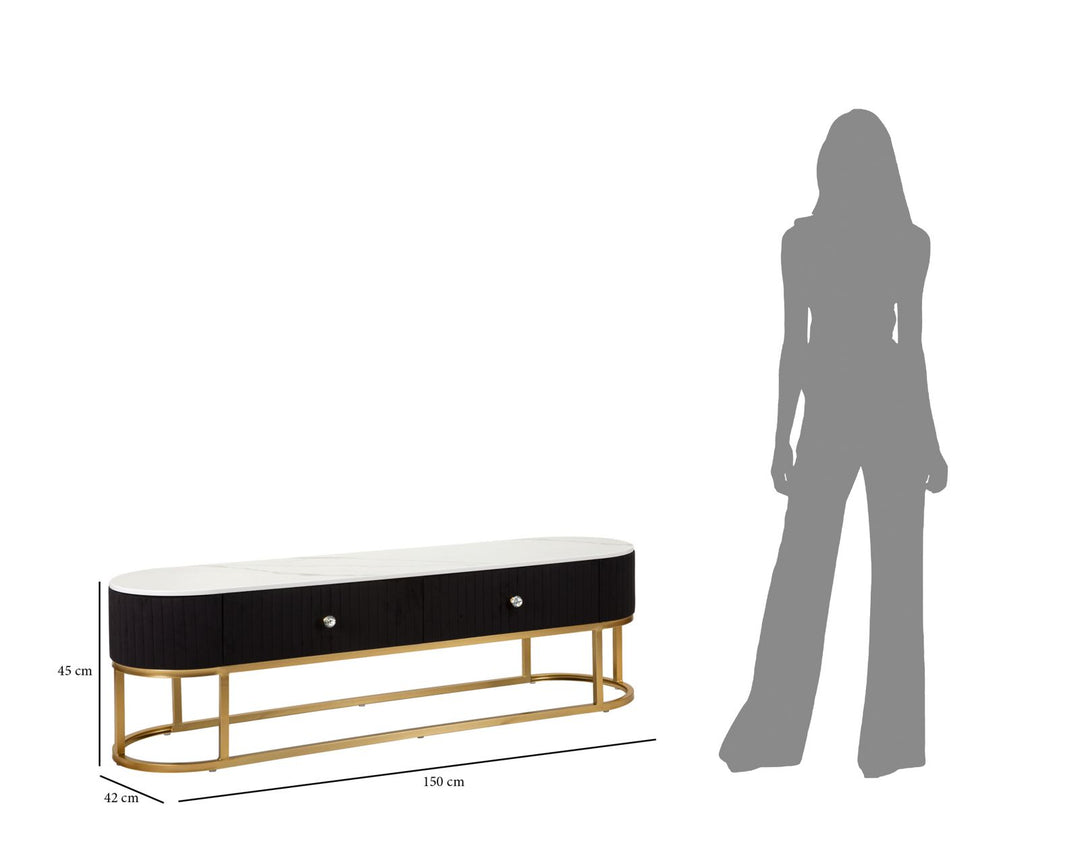 Glam tv-møbel / tv-bord i metal, træ, stof – 150x42x45 cm