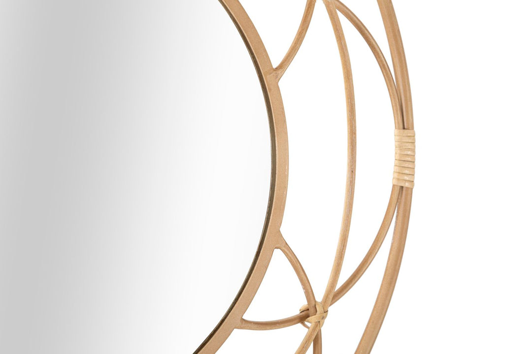 Boho chic vægdekoration med spejl, i rattan og metal – 60x3 cm