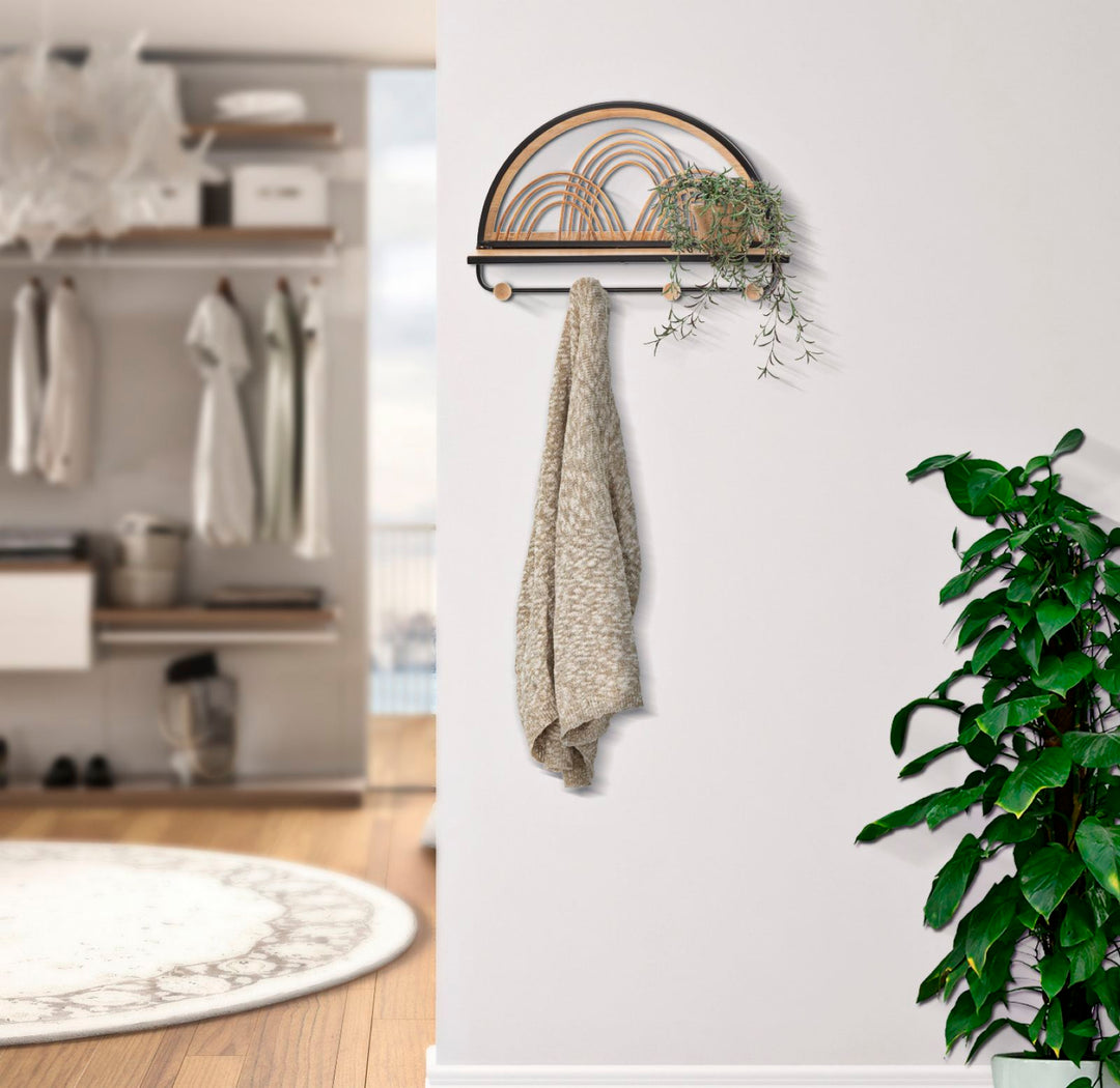 Boho chic hylde i sort, mdf, rattan, træ – 46x15x5 cm