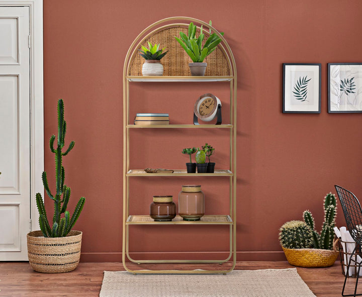 Boho chic reol, rattan og metal – 80x40x180 cm